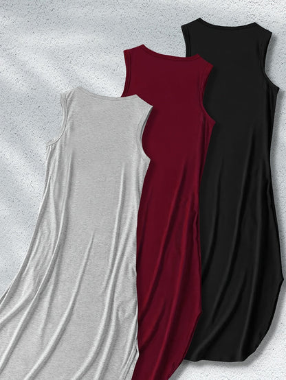 Women’s Sleeveless Maxi Dresses - 3pcs Casual Stretchy Solid Color Outfits, Polyester Blend with Side Slit, Machine Washable, Comfortable and Stylish for All-Season Everyday Wear