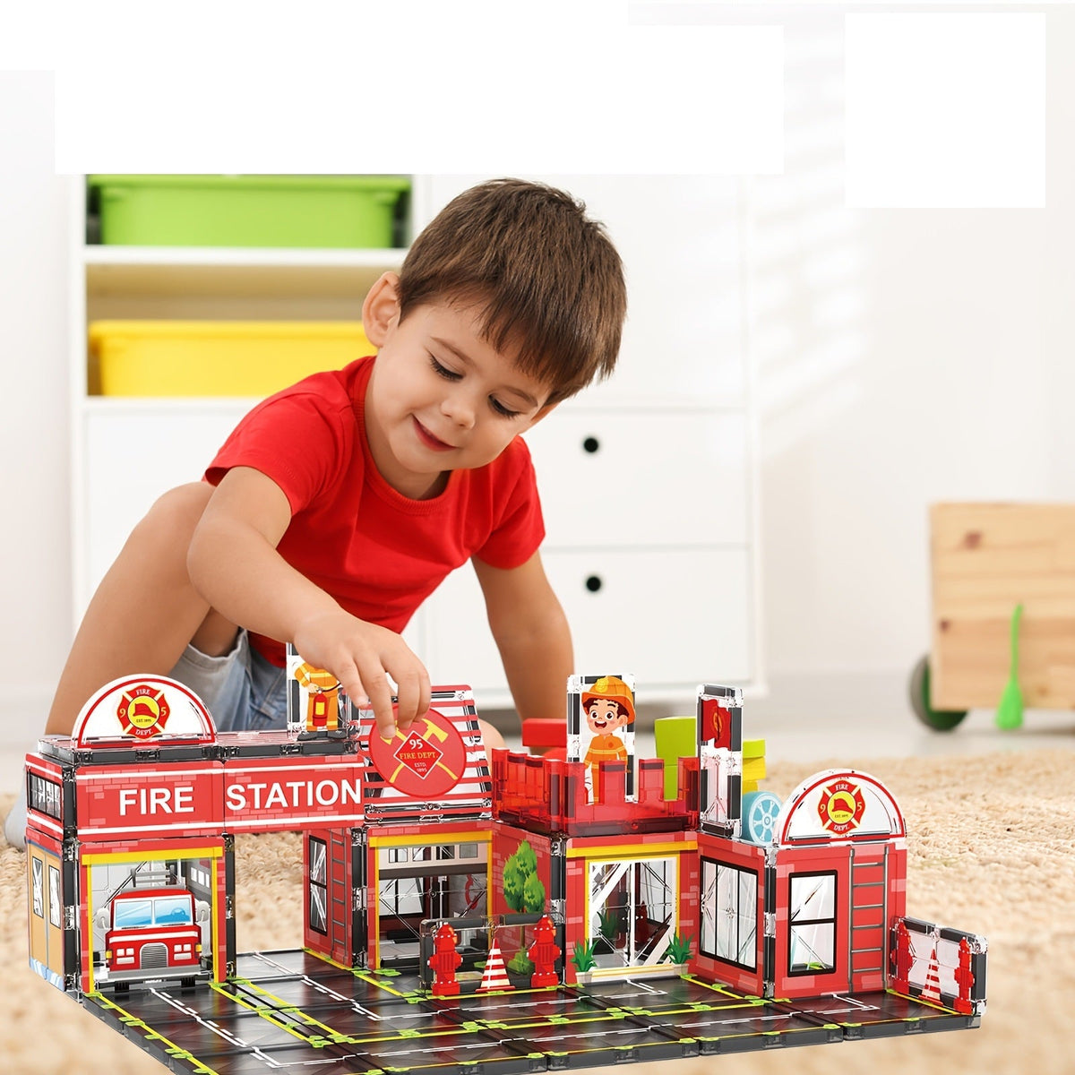 Fire Station Magnetic Construction Playset – Interactive Parking Garage with Vehicles, Ramps, and Traffic Signs for Boys and Girls