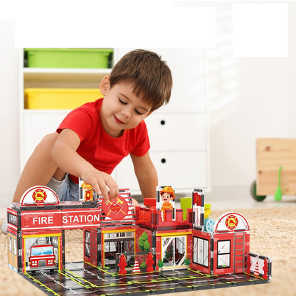 Fire Station Magnetic Construction Playset – Interactive Parking Garage with Vehicles, Ramps, and Traffic Signs for Boys and Girls
