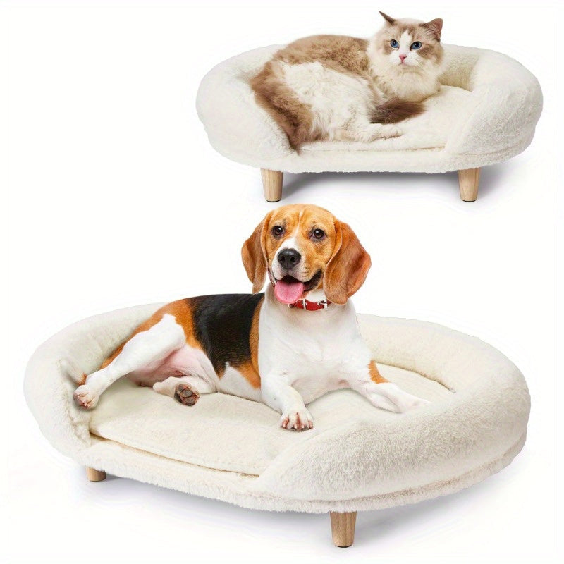 Medium Pet Sofa Beds – Thick Foam Dog & Cat Beds with Removable Fuzzy Covers & Solid Wood Anti-Slip Legs for Stylish Home Comfort
