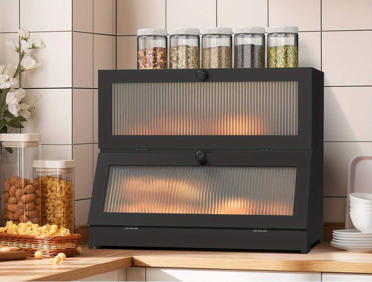 Double Layer Bread Box - Two-Tier Counter Cabinet with Fluted Doors and Bamboo-Lined Interior