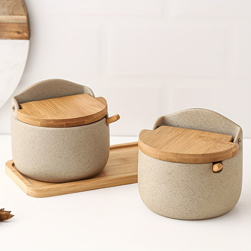Japanese Ceramic Seasoning Jar Set – Elegant Salt and Sugar Containers with Bamboo Lids for Organized and Stylish Kitchen or Restaurant Use