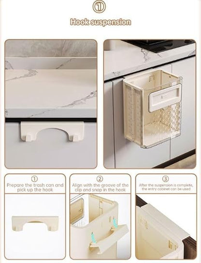Cabinet Folding Hanging Trash Can - Hanging Small Trash Can with Lid for Cupboard, Bathroom and Bedroom