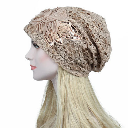 Women Lace Turban Cap for Women – Thin, Elegant Muslim Beanie with Sequin Flower, Chemo Bonnet for Hair Loss, Spring & Summer Headscarf