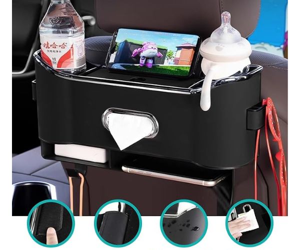 Car Headrest Storage Box – 2-Hook Design, Flocking Backseat Organizer for Long-Distance Drives