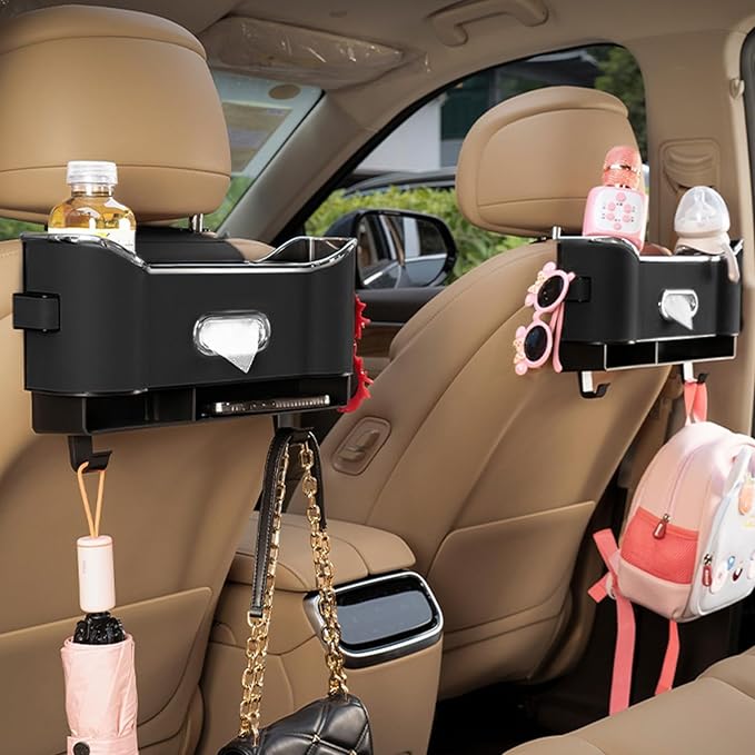 Car Headrest Storage Box – 2-Hook Design, Flocking Backseat Organizer for Long-Distance Drives