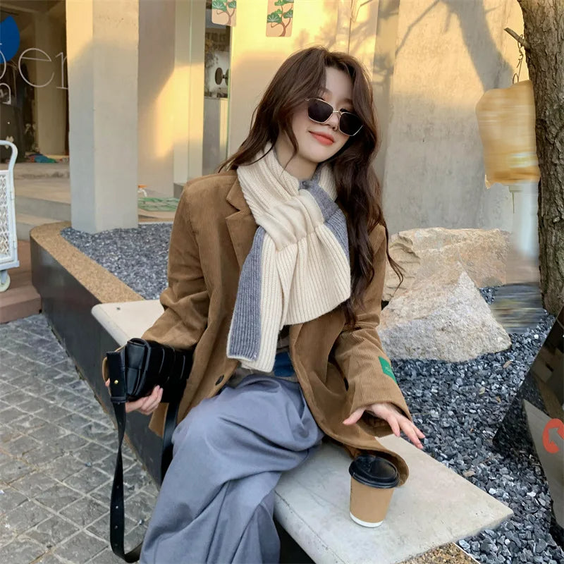 Korean Knitted Cross Patchwork Scarf – Cozy & Stylish Winter Warmth for Women