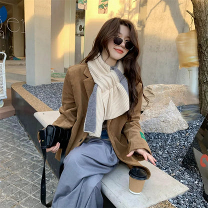 Korean Knitted Cross Patchwork Scarf – Cozy & Stylish Winter Warmth for Women