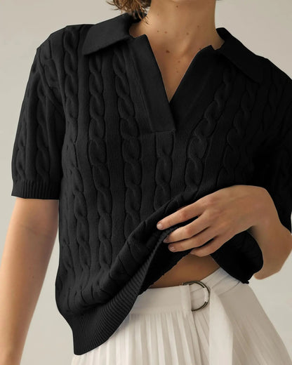Casual Cable Knit V-Neck Short Sleeve Sweater – Soft Short Sleeve Pullover for Spring/Summer