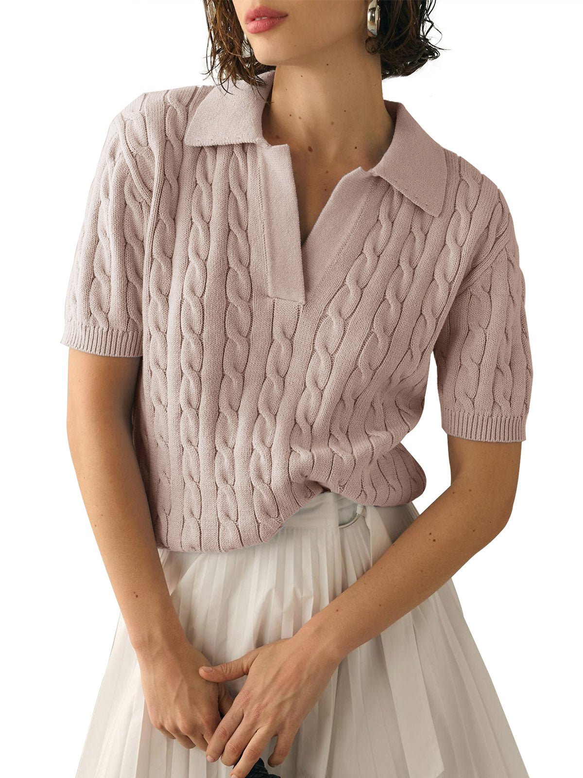 Casual Cable Knit V-Neck Short Sleeve Sweater – Soft Short Sleeve Pullover for Spring/Summer
