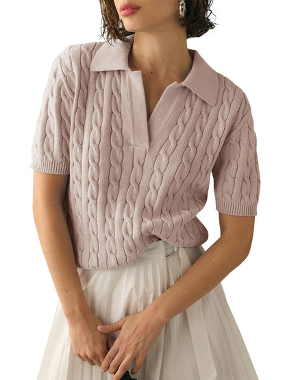 Casual Cable Knit V-Neck Short Sleeve Sweater – Soft Short Sleeve Pullover for Spring/Summer