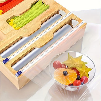 Bamboo Ziplock Bag Organizer – Kitchen Drawer Storage with Wrap Cutter for Bags, Foil, and Eco-Friendly Organization