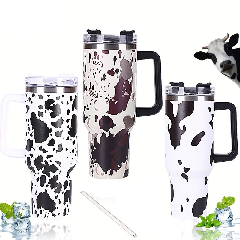 Stainless Steel Insulated Cow Print Tumbler – 40oz Travel Mug with Handle and Straw Lid, Heat-Preserving, Perfect Gift for Camping, Sports, and Outdoor Adventures