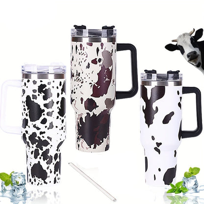 Stainless Steel Insulated Cow Print Tumbler – 40oz Travel Mug with Handle and Straw Lid, Heat-Preserving, Perfect Gift for Camping, Sports, and Outdoor Adventures