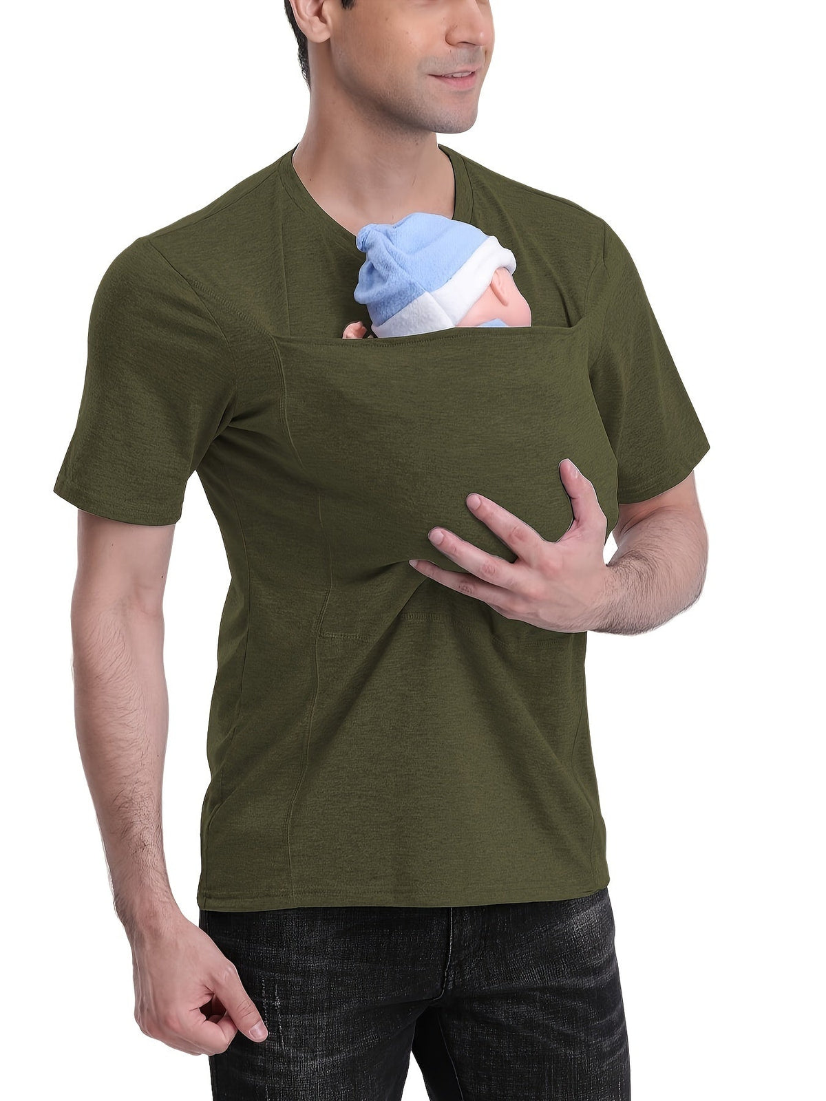 Men’s V-Neck Short Sleeve T-Shirt with Stylish Kangaroo Pocket – Breathable Polyester Blend Ideal for Everyday Casual Streetwear