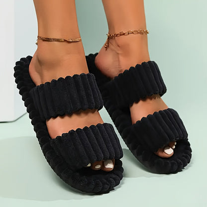 Women's Elegant Plush Slippers - Warm Lining, Open-Toe Style, Non-Slip Sole for Indoor Cozy Comfort & Style