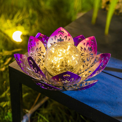 Solar Lotus Step Lights – Hollow Purple LED Garden Lamps with Cracked Glass Globe for Outdoor Patio, Porch, Lawn, Path & Staircase Decorative Lighting
