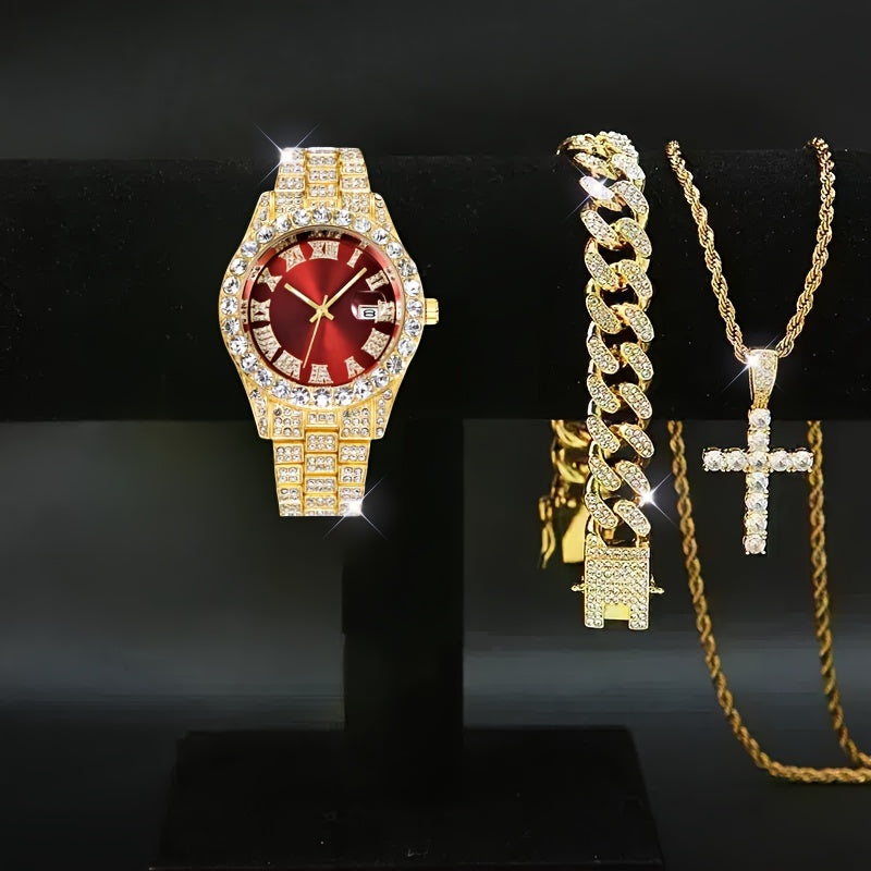 Men’s Watch and Jewelry Gift Set – Cross Necklace, Bracelet and Stylish Watch Combo for Fashionable Everyday and Special Occasions