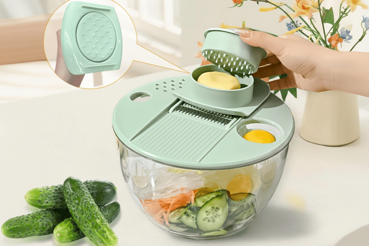 Multifunctional Vegetable Dehydrator & Slicer Set – Hand-Cranked Rotary Fruit and Vegetable Cutter with Drainage Basket for Salad Prep Kitchen Essentials