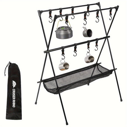 Portable Camping Gear Organizer Rack – Black Aluminum Alloy Frame with Hanging Hooks and Lantern Holder, Easy Setup for Campsites