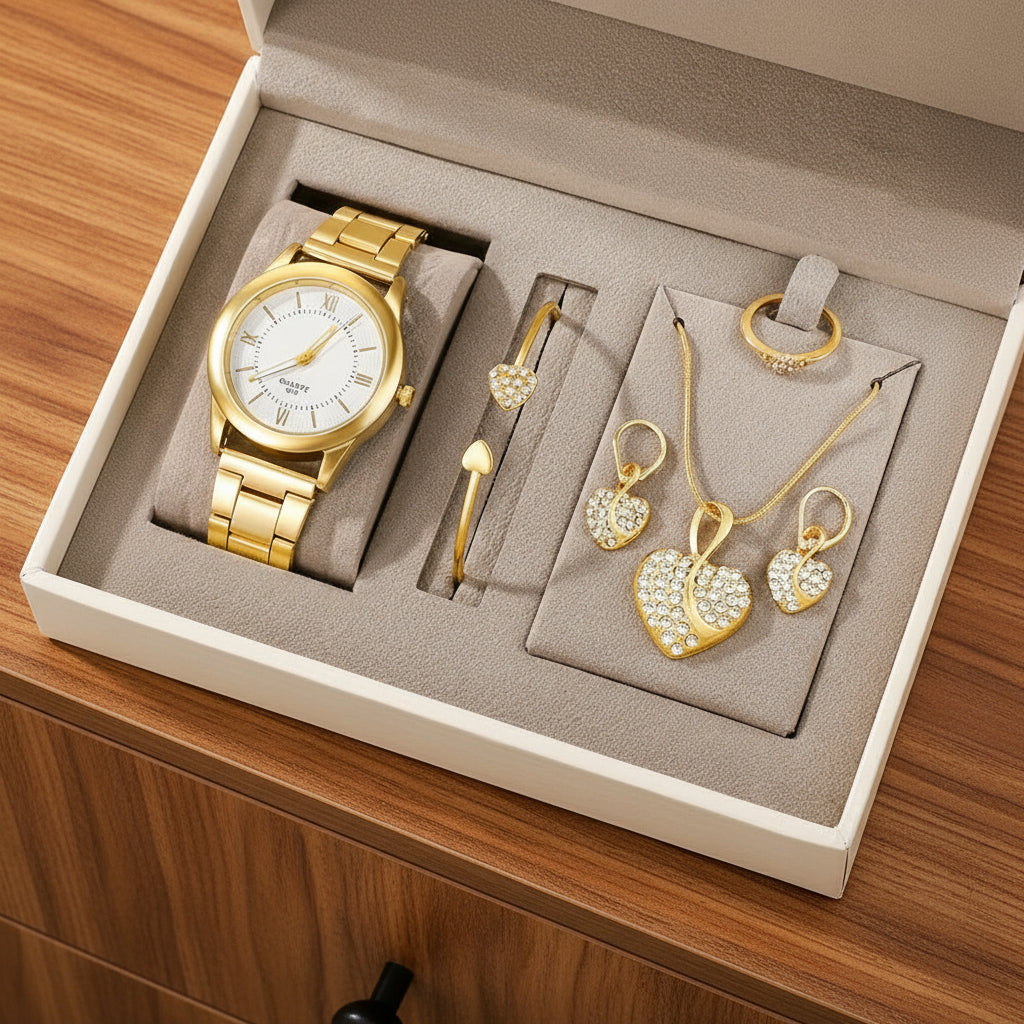 Women’s Watch & Jewelry Gift Set – 6-Piece Golden Quartz Watch with Rhinestone Bracelet, Necklace, Earrings & Ring