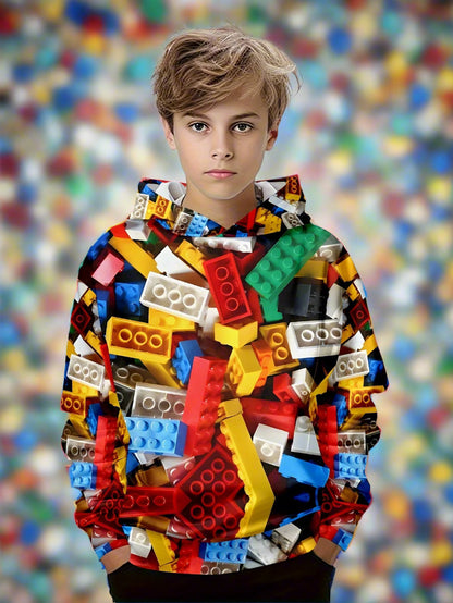 Building Block Print Hoodie for Boys – 3D Stylish Fall/Winter Pullover with Long Sleeves & Hood for Casual Everyday Adventures