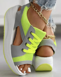 Contrast Paneled Cutout Lace-up Muffin Sandals