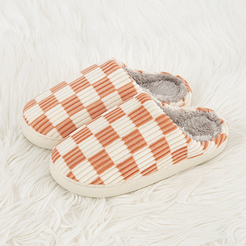 Women’s Plush Winter House Slippers – Warm Checkered Faux Fur Indoor Outdoor Non-Slip Bedroom Shoes