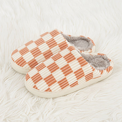 Women’s Plush Winter House Slippers – Warm Checkered Faux Fur Indoor Outdoor Non-Slip Bedroom Shoes