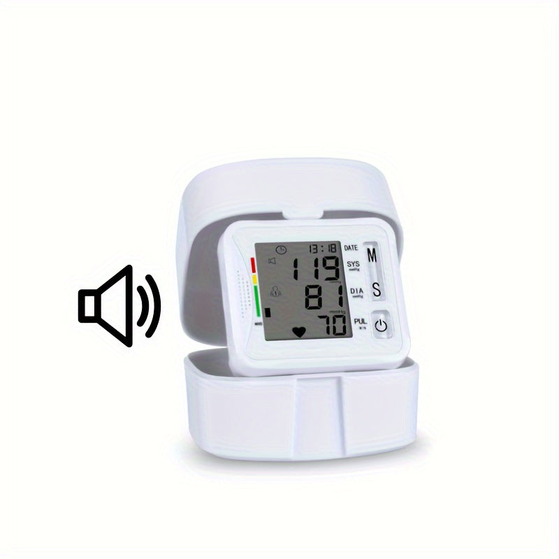 Wrist Blood Pressure Monitor – Adjustable LCD Display, Heart Rate & Irregular Beat Alert, Compact Battery-Operated Health Device