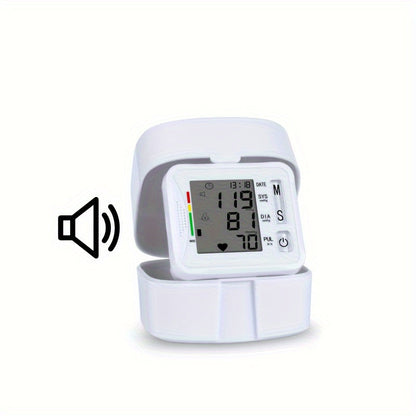 Wrist Blood Pressure Monitor – Adjustable LCD Display, Heart Rate & Irregular Beat Alert, Compact Battery-Operated Health Device