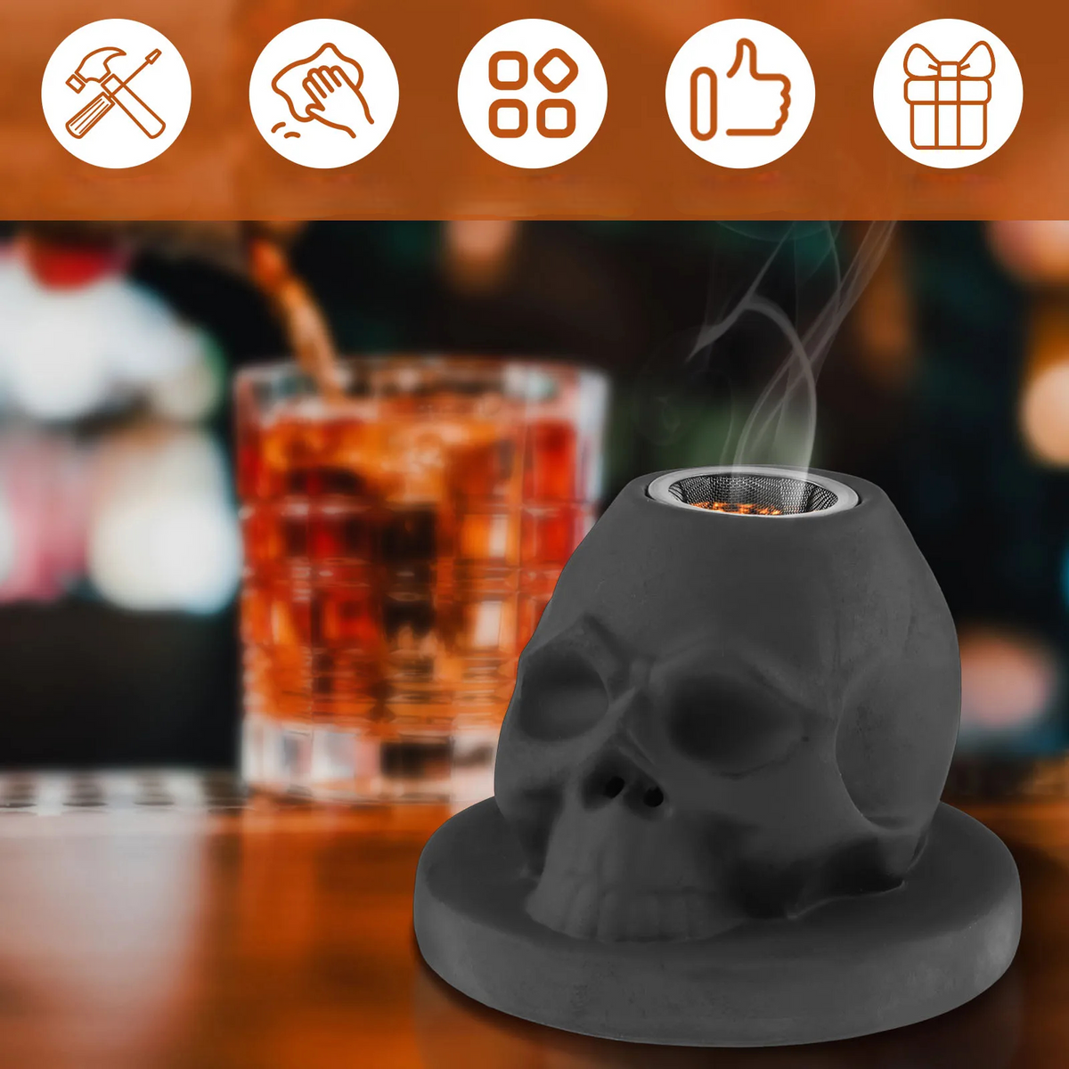 Cocktail Skull Whiskey Smoker Kit – Vintage Ceramic Cocktail Smoker for Bold & Aromatic Drinks