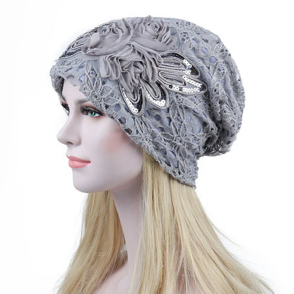 Women Lace Turban Cap for Women – Thin, Elegant Muslim Beanie with Sequin Flower, Chemo Bonnet for Hair Loss, Spring & Summer Headscarf