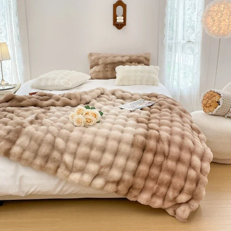 Faux Fur Plush Rabbit Blanket – Double-Layered Cozy Bedspread for Sofa & Bedroom