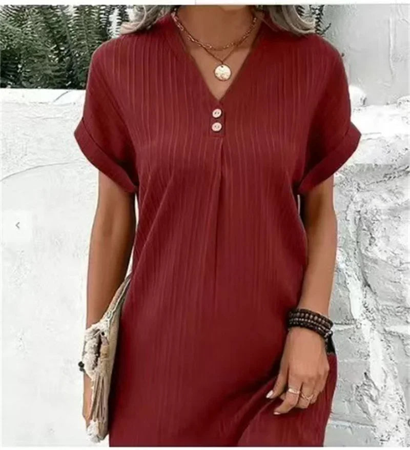 Fashion V-Neck Mini Summer Dress – Short Sleeves, Solid Color, Button Detail for Casual Elegance and Fresh Style