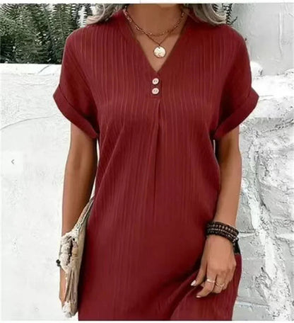 Fashion V-Neck Mini Summer Dress – Short Sleeves, Solid Color, Button Detail for Casual Elegance and Fresh Style