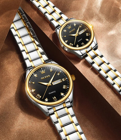 Luxury Couple Watches – Stainless Steel Waterproof Timepieces for Men & Women, Romantic Gift Set with Matching Elegant Style