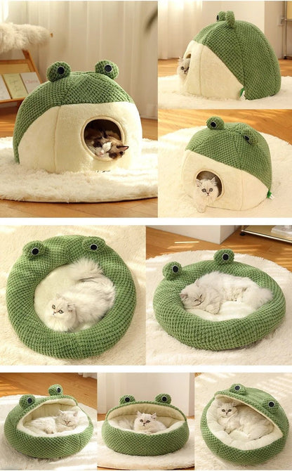 Cozy Frog-Themed Cat Bed – Plush Semi-Enclosed Nest for Cats & Small Dogs, Perfect for Snuggly Autumn and Winter Comfort