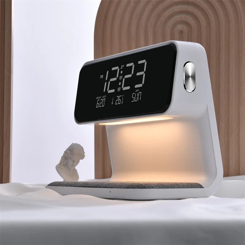 Creative 3-in-1 Bedside Lamp – Wireless Phone Charger & Smart Alarm with LCD Display for a Sleek, All-in-One Nightstand Upgrade