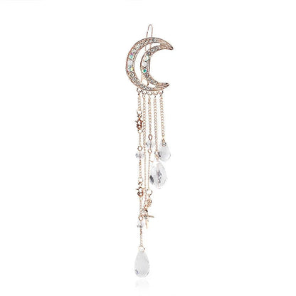 Crystal Moon & Tassel Hair Clip – Vintage Diamond-Studded Korean Side Pin for Elegant Hairstyles