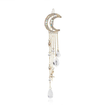 Crystal Moon & Tassel Hair Clip – Vintage Diamond-Studded Korean Side Pin for Elegant Hairstyles