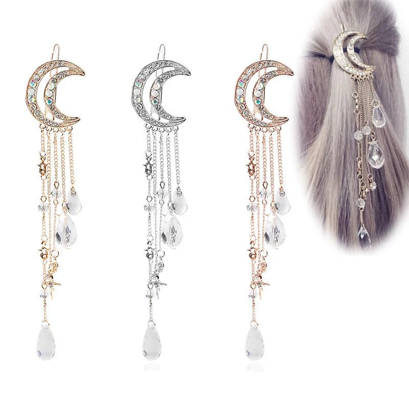 Crystal Moon & Tassel Hair Clip – Vintage Diamond-Studded Korean Side Pin for Elegant Hairstyles