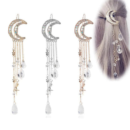 Crystal Moon & Tassel Hair Clip – Vintage Diamond-Studded Korean Side Pin for Elegant Hairstyles