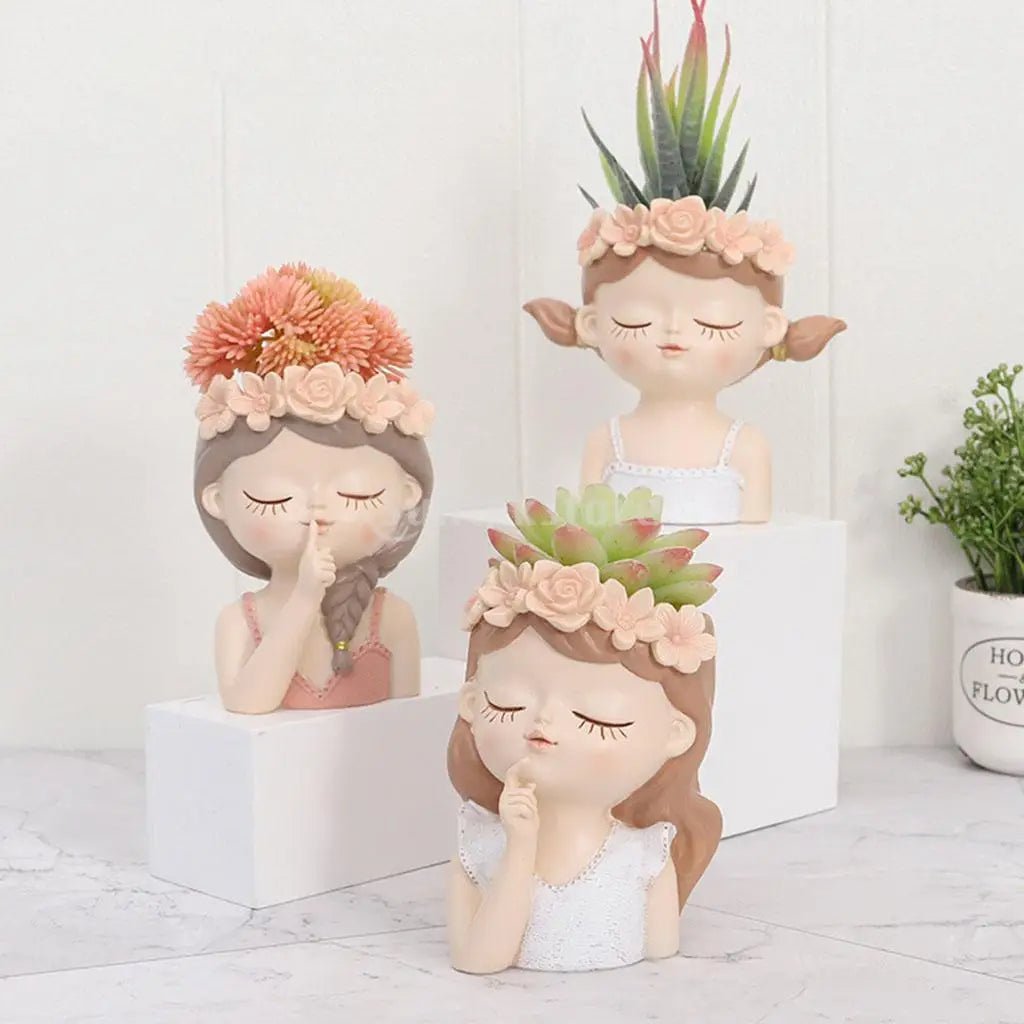 Cute Girl Head Planter – Resin Portrait Vase for Succulents and Flowers, Artistic Girl Sculpture Pot for Indoor Décor Elegance