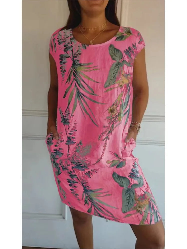 Vintage Boho Midi Dress with Flower and Leaf Print – Botanical Print Short-Sleeve Vacation Dress with Big Pockets for a Chic Beach Style