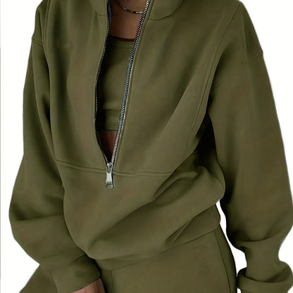 Women’s Two-Piece Zip Sweatshirt & Pants Set – Long Sleeve Casual Lounge Outfit with Elastic Waist Design