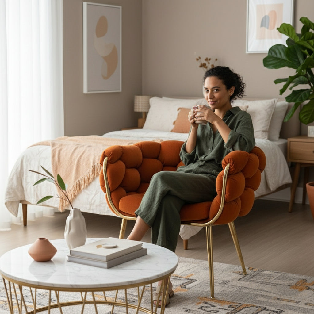 Luxury Modern Leisure Velvet Sofa Chair – Single Seater Bedroom Armchair with Soft Cushion Backrest, Perfect for Vanity or Living Room Use