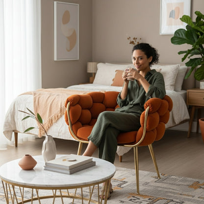 Luxury Modern Leisure Velvet Sofa Chair – Single Seater Bedroom Armchair with Soft Cushion Backrest, Perfect for Vanity or Living Room Use