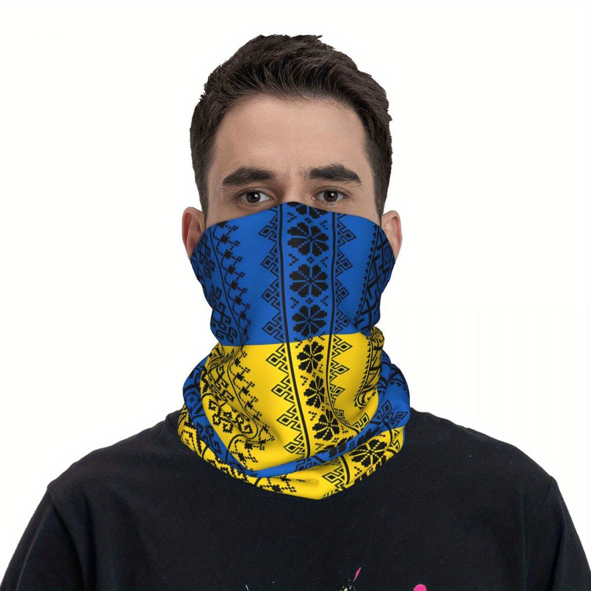 Ukrainian Pattern Bandana – Soft Stretch Knit Neck Scarf in Blue & Yellow for Winter Warmth or Outdoor Fishing Trips