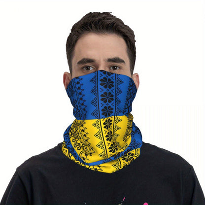 Ukrainian Pattern Bandana – Soft Stretch Knit Neck Scarf in Blue & Yellow for Winter Warmth or Outdoor Fishing Trips
